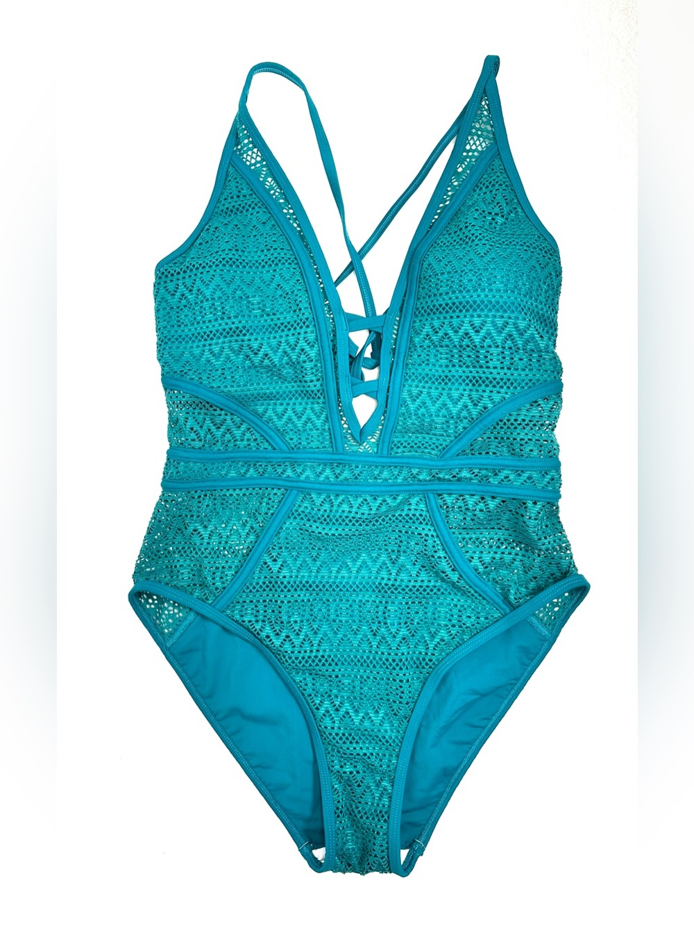Blue Teal Crochet Deep V One Piece Swimsuit S